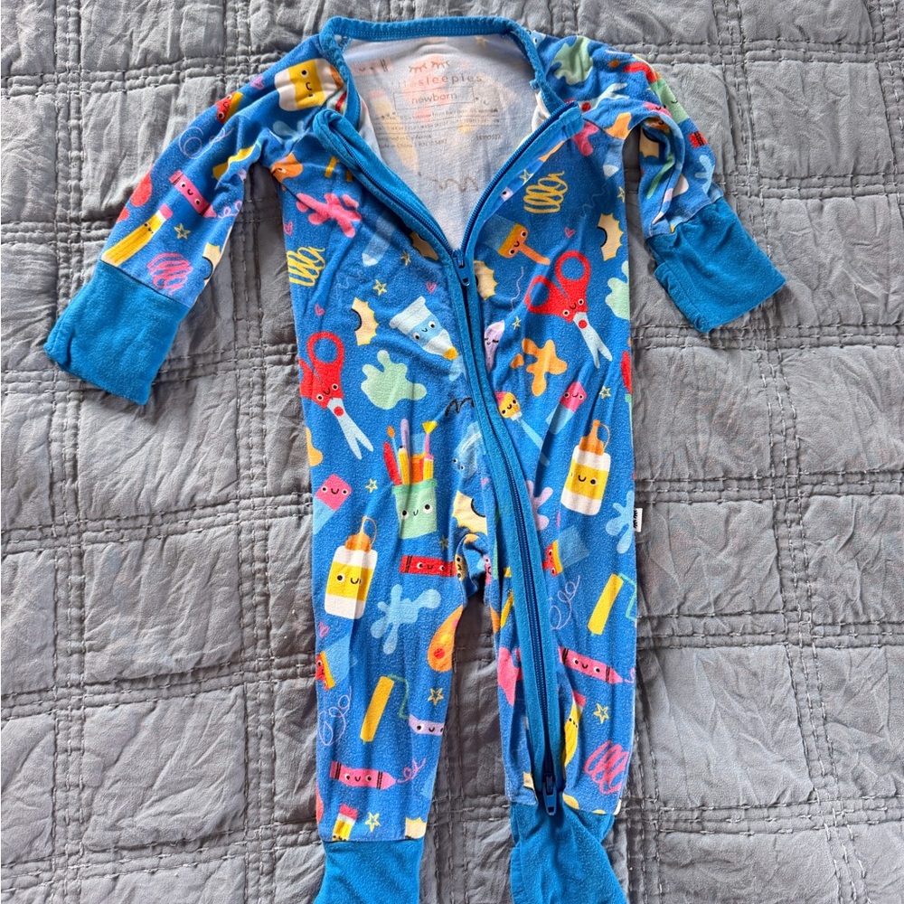 Little Sleepies Bright Blue Zip Footed Pajama with Colorful School Supply Print